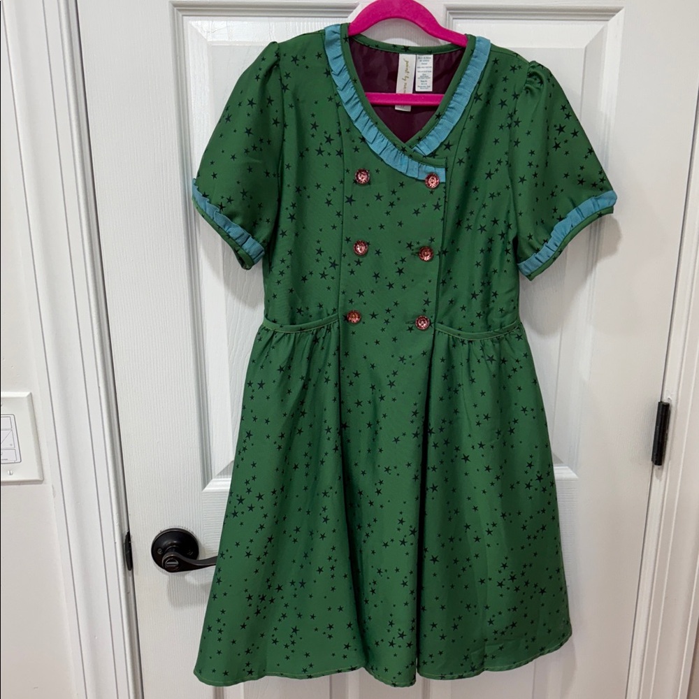 Matilda Jane Girls Green Star Print Double Breasted Dress with Blue Trim Sz 12